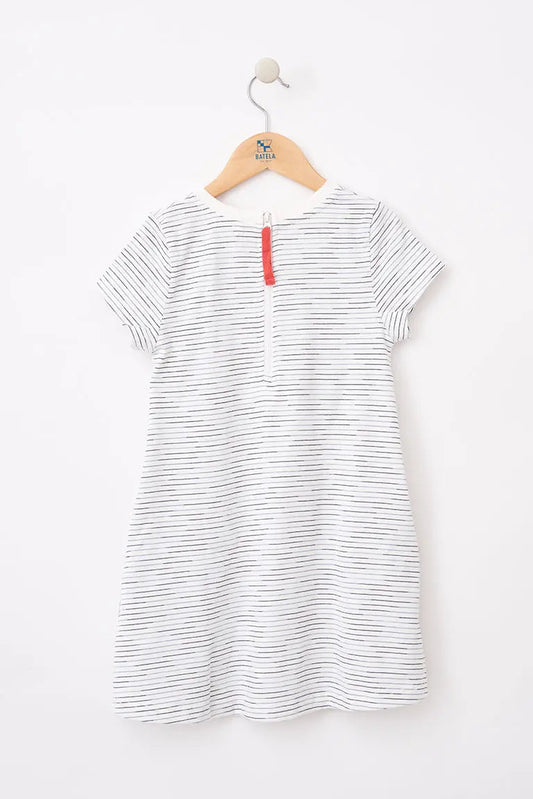 Robe à rayures manches courtes pour fille, confectionnée en coton, oiseau brodé