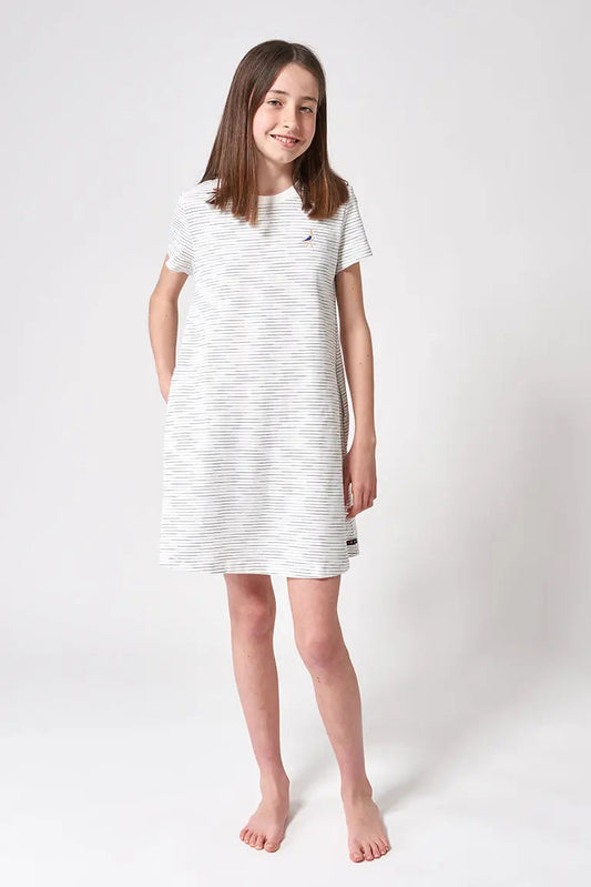 Robe à rayures manches courtes pour fille, confectionnée en coton, oiseau brodé