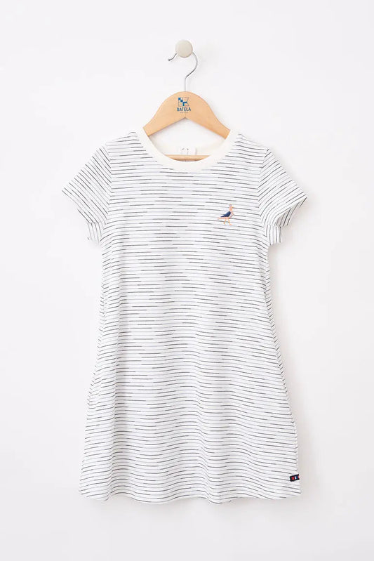 Robe à rayures manches courtes pour fille, confectionnée en coton, oiseau brodé
