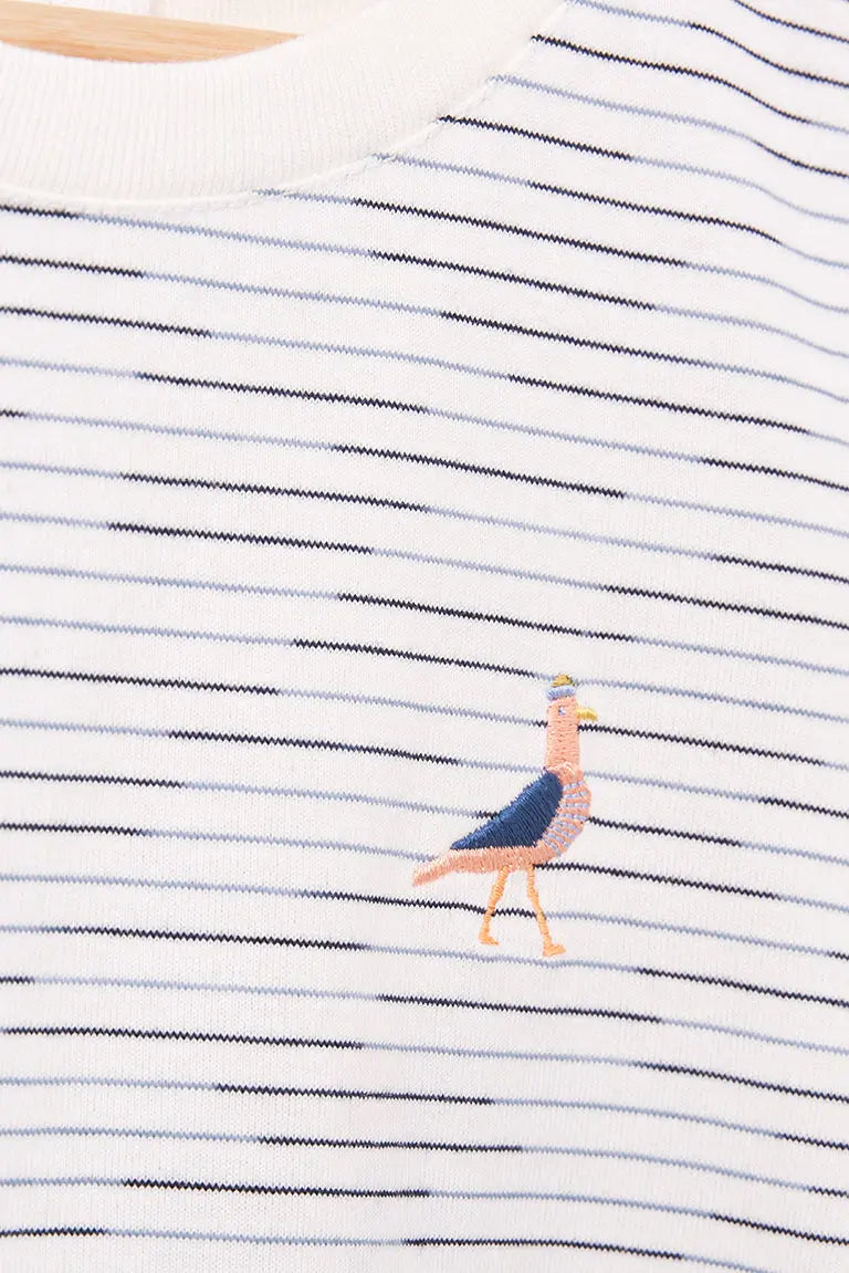 Vestido algodón y manga corta con pájaro bordado