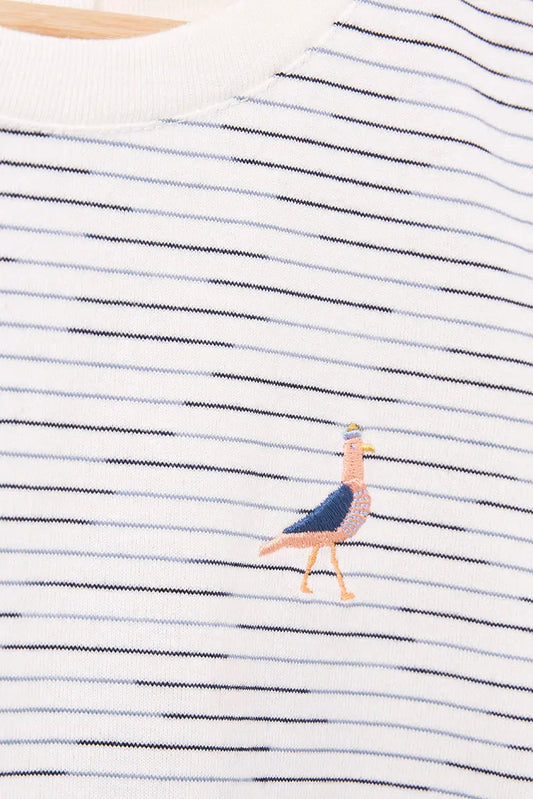 Robe à rayures manches courtes pour fille, confectionnée en coton, oiseau brodé