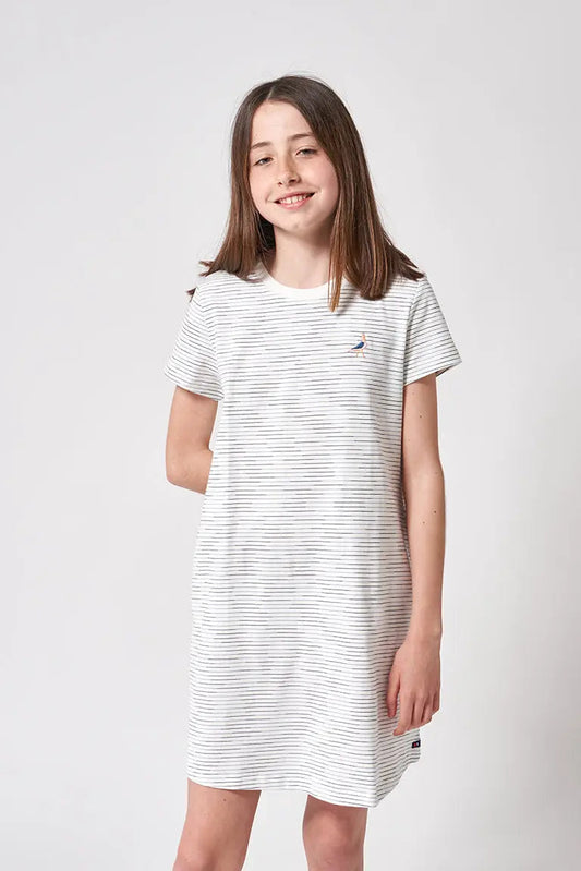Robe à rayures manches courtes pour fille, confectionnée en coton, oiseau brodé