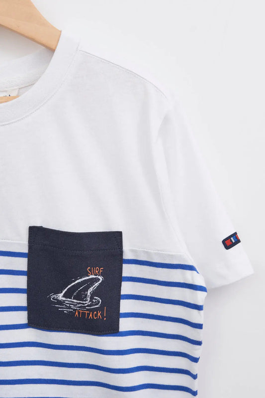 Plain and striped short-sleeved T-shirt with pocket