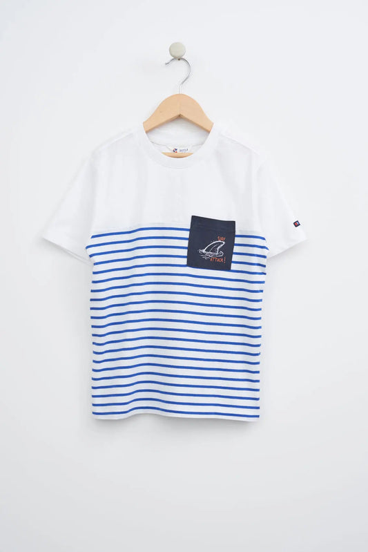 Plain and striped short-sleeved T-shirt with pocket