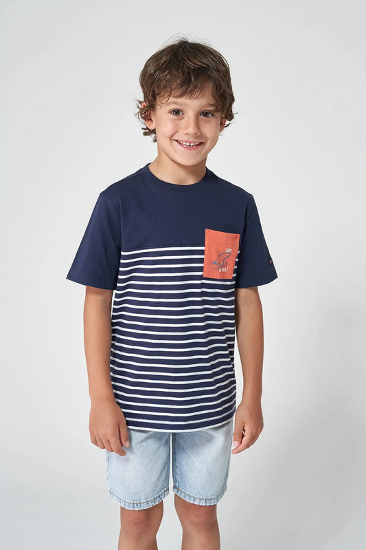 Plain and striped short-sleeved T-shirt with pocket