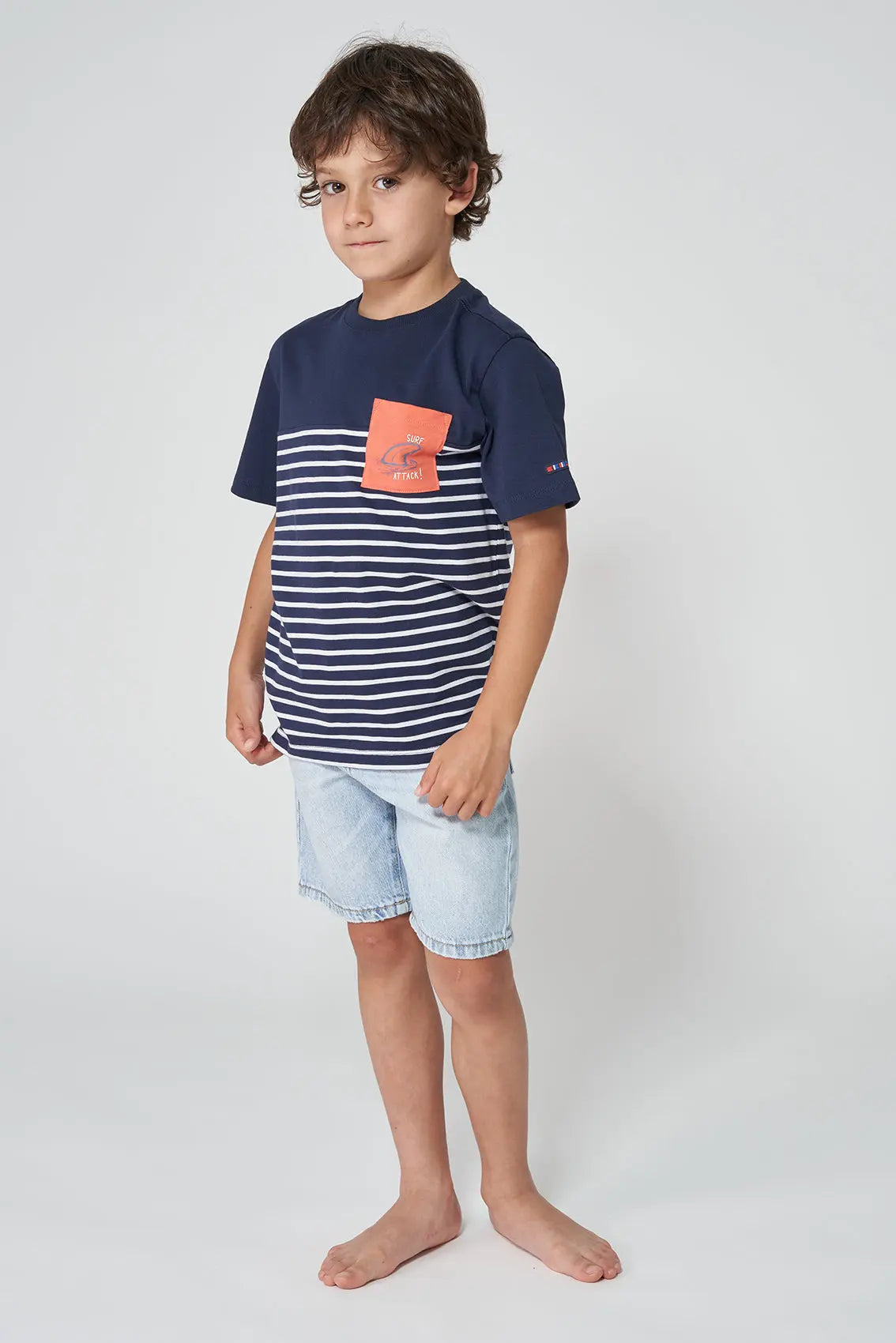Plain and striped short-sleeved T-shirt with pocket