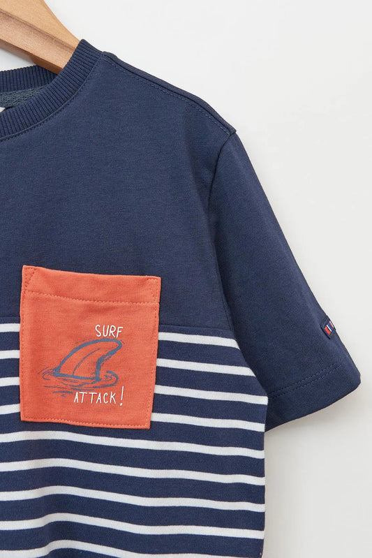 Plain and striped short-sleeved T-shirt with pocket