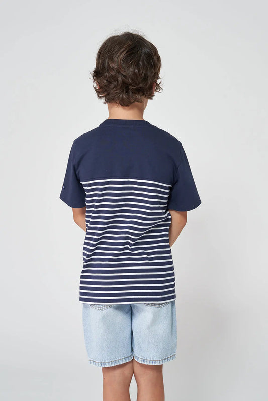 Plain and striped short-sleeved T-shirt with pocket
