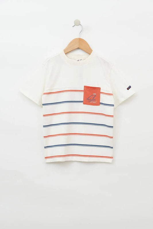 Plain and striped short-sleeved T-shirt with pocket