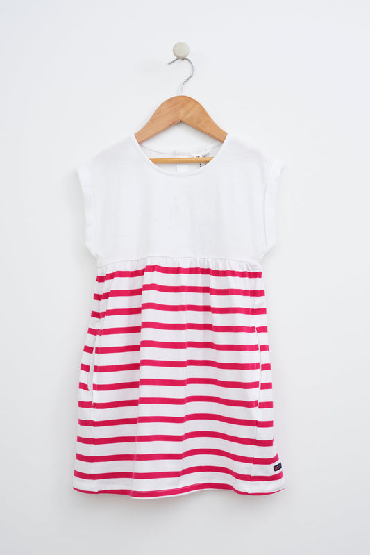 Girl's dress in plain and striped cotton
