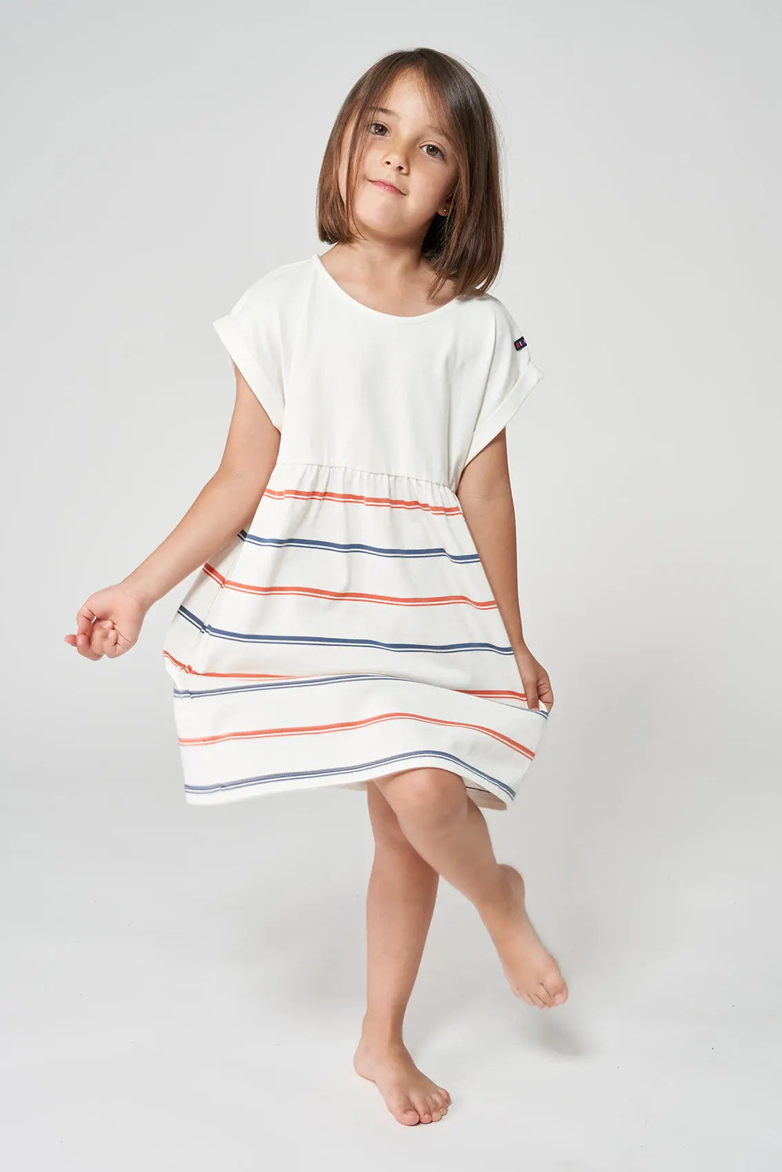 Girl's dress in plain and striped cotton