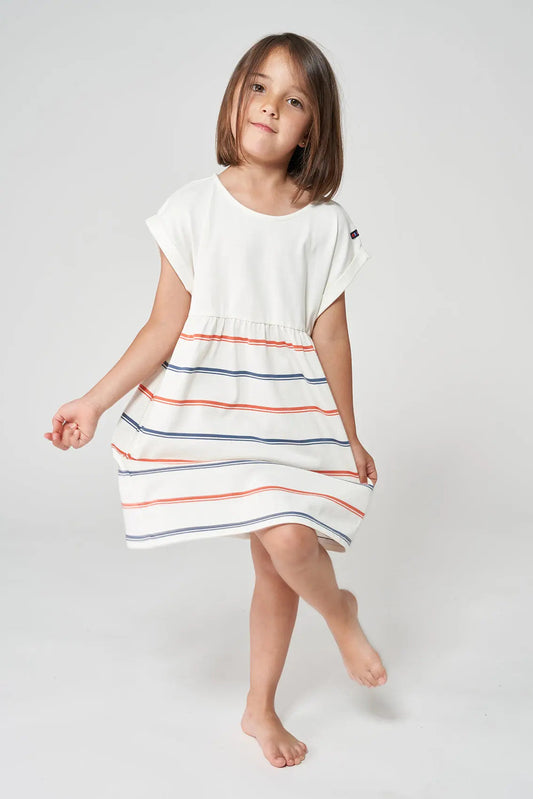 Girl's dress in plain and striped cotton