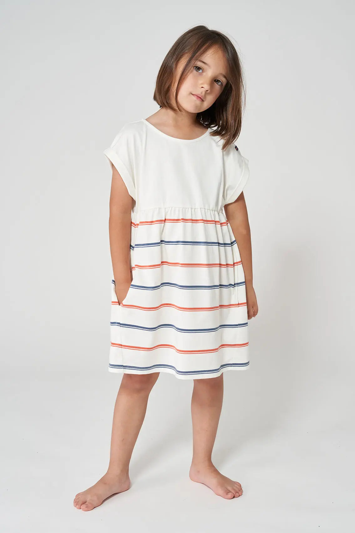 Girl's dress in plain and striped cotton