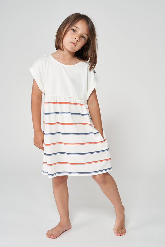 Girl's dress in plain and striped cotton
