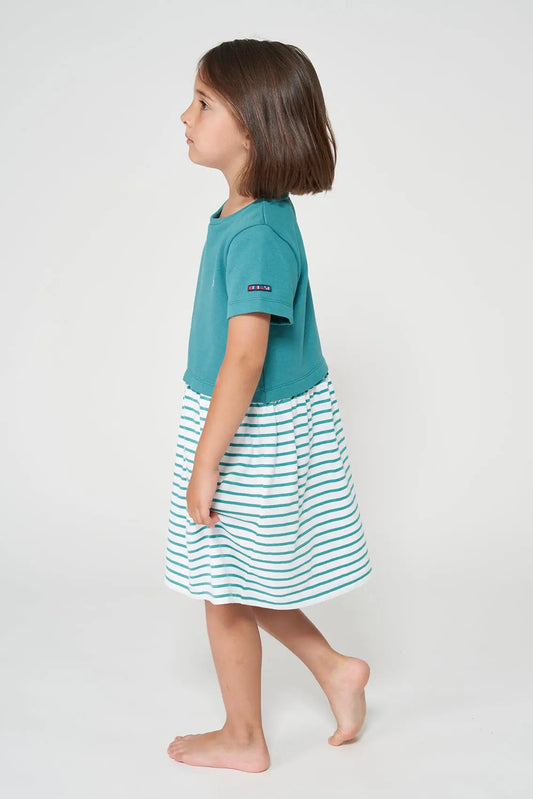 Girl's dress in striped cotton terry cloth with anchor