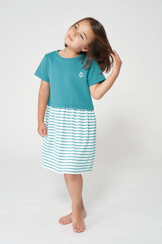 Girl's dress in striped cotton terry cloth with anchor