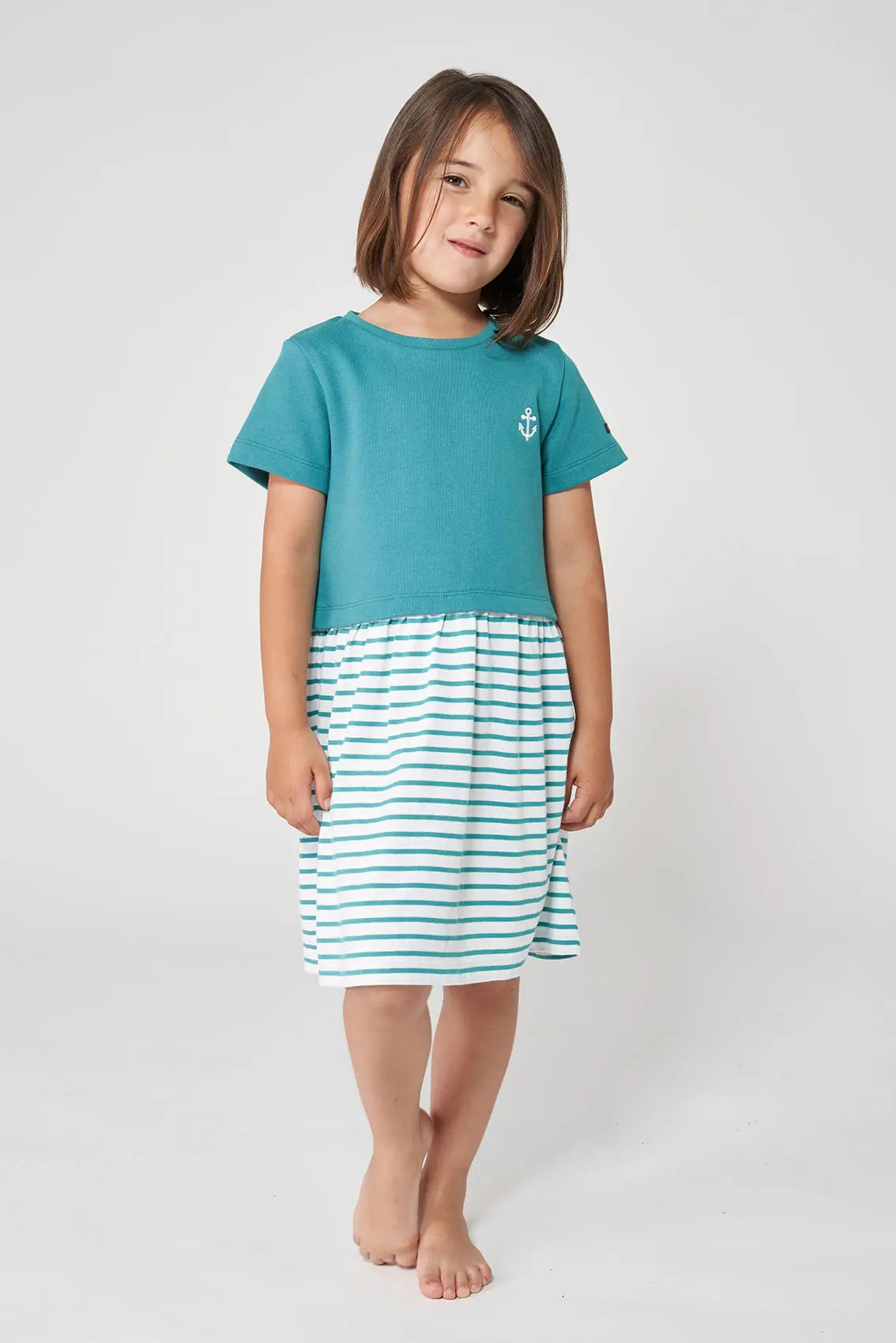 Girl's dress in terry cotton with stripes and anchor