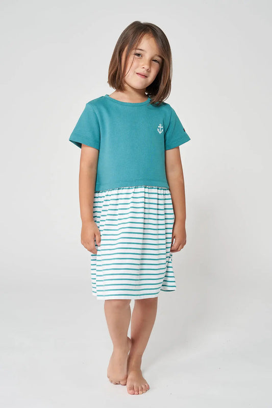 Girl's dress in striped cotton terry cloth with anchor
