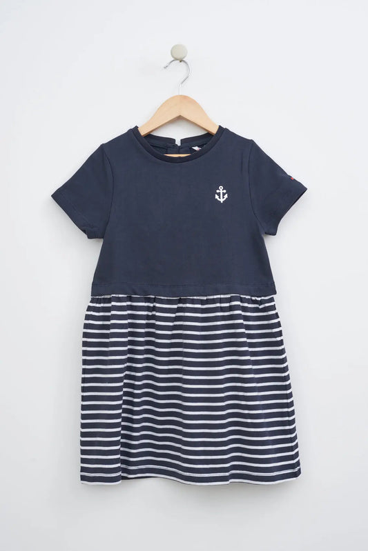 Girl's dress in striped cotton terry cloth with anchor
