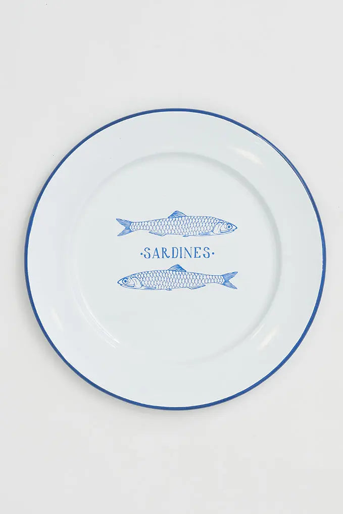Grande assiette en métal émaillé blanche « sardines »