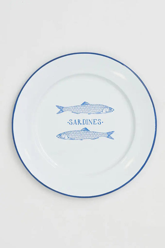 Large plate in white enameled metal "sardines"
