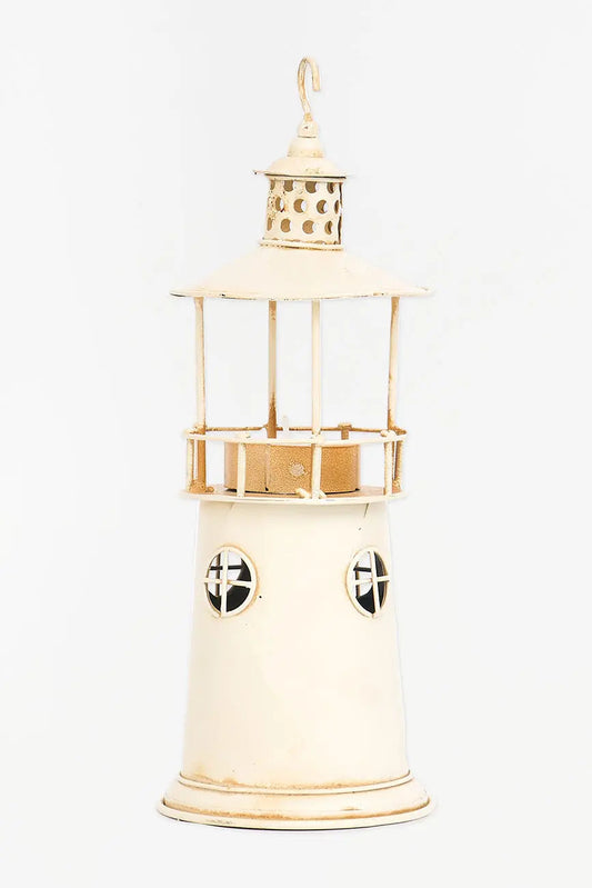 Portavelas de metal envejecido con forma de faro
