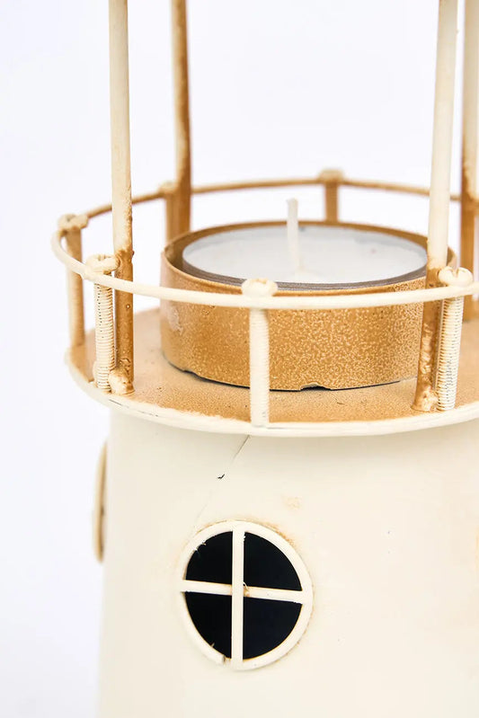 Portavelas de metal envejecido con forma de faro