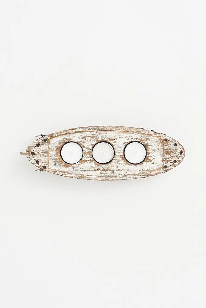 Portavelas grande barco fabricado en madera