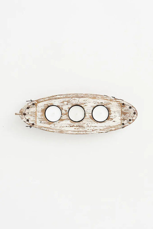 Portavelas grande barco fabricado en madera