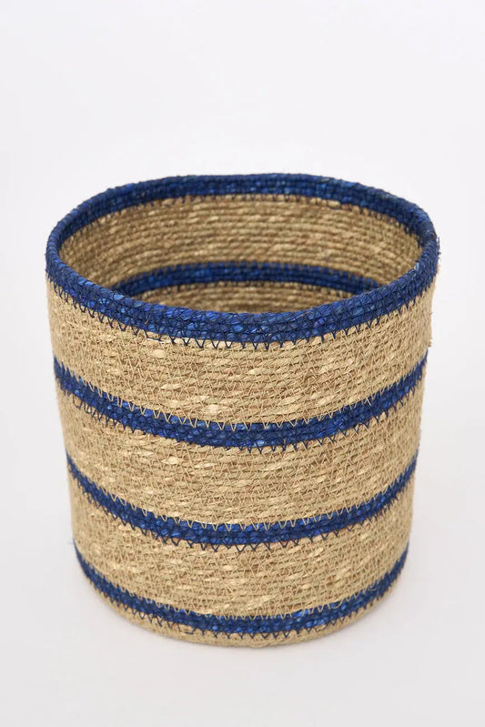 3 cestas de yute con rayas azules