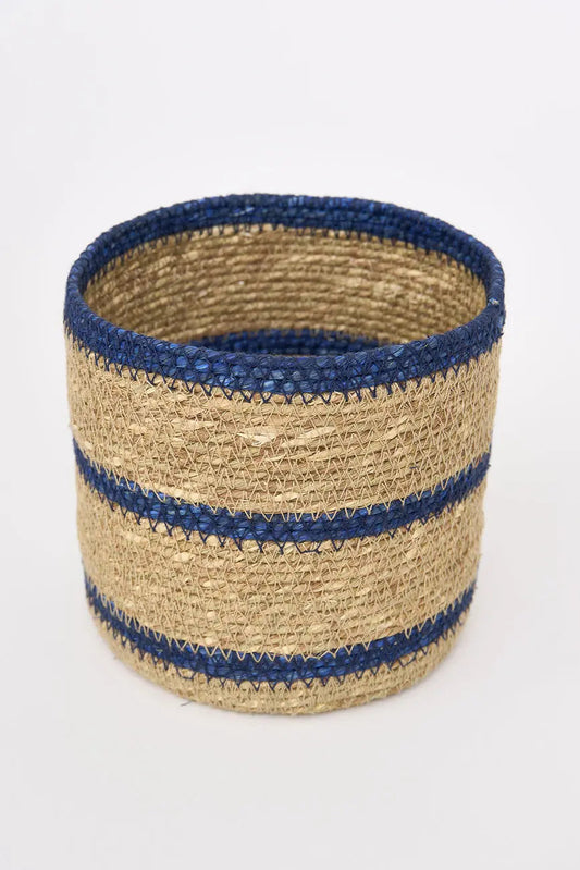 3 cestas de yute con rayas azules