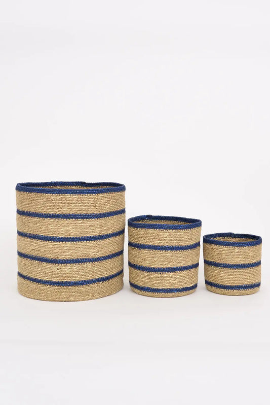 3 cestas de yute con rayas azules