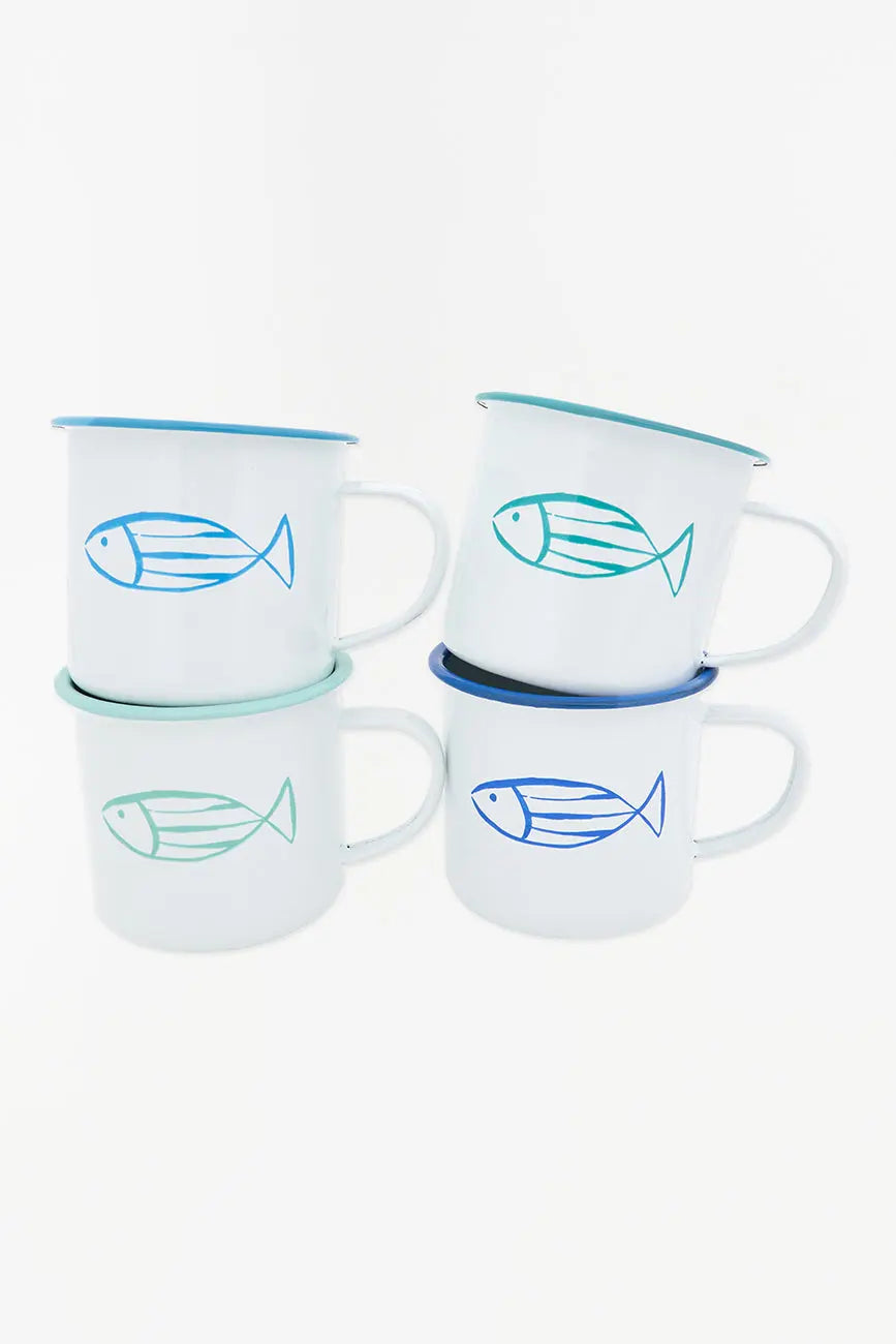 4 mugs o tazas esmaltadas con pez