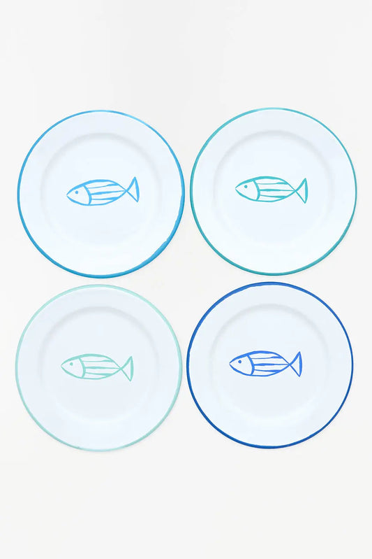 Set of 4 enameled metal plates with fish