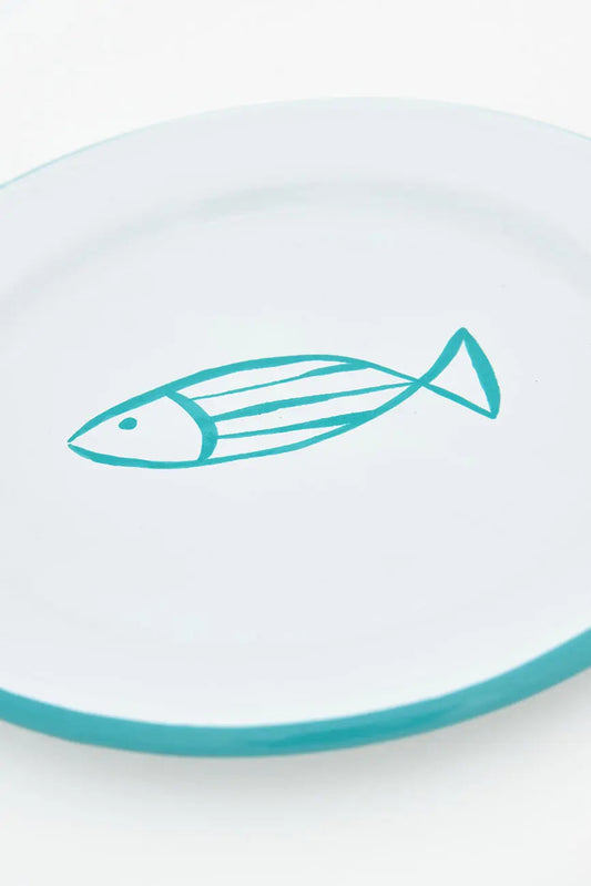 Set of 4 enameled metal plates with fish