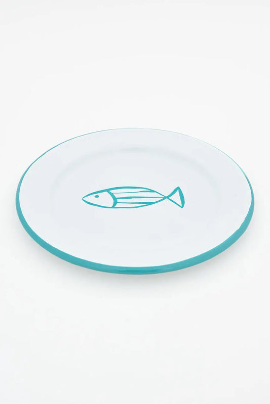 Set of 4 enameled metal plates with fish