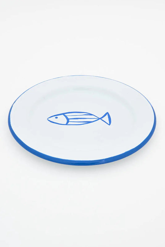 Set of 4 enameled metal plates with fish