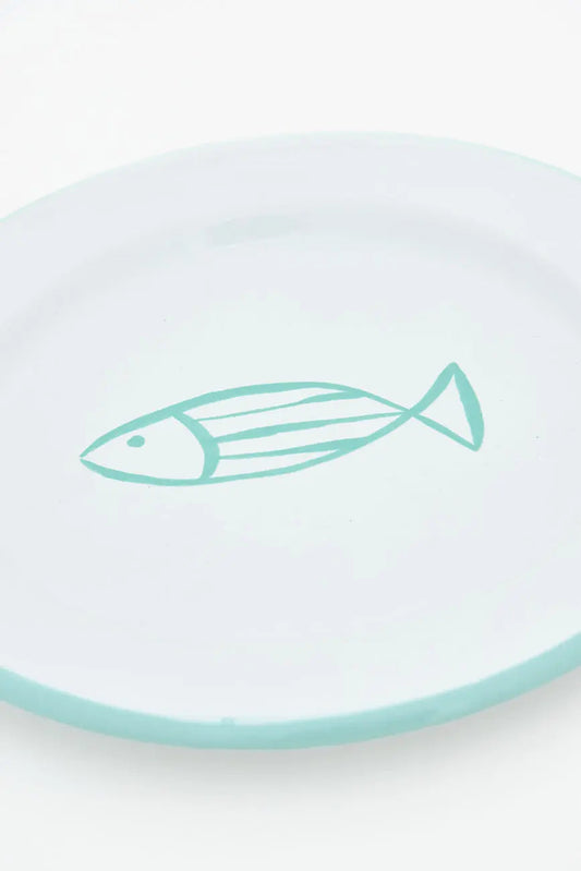 Set of 4 enameled metal plates with fish