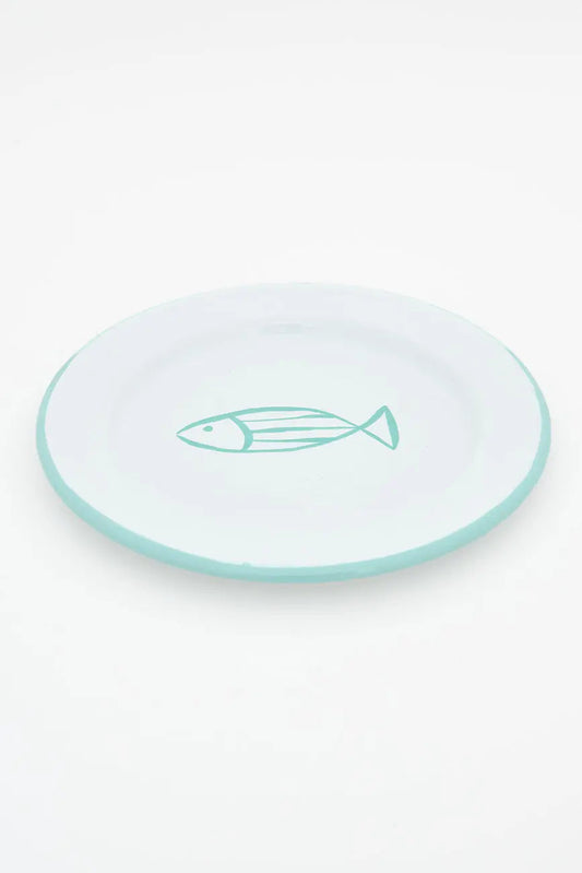 Set of 4 enameled metal plates with fish