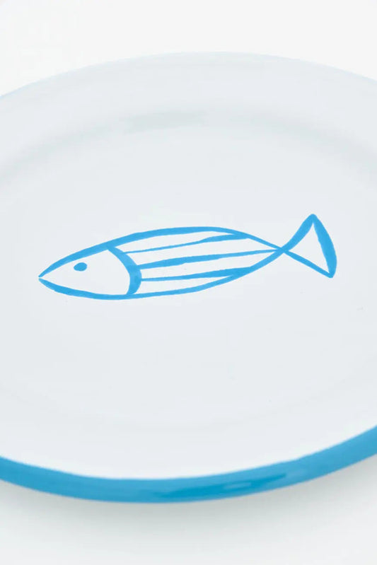 Set of 4 enameled metal plates with fish