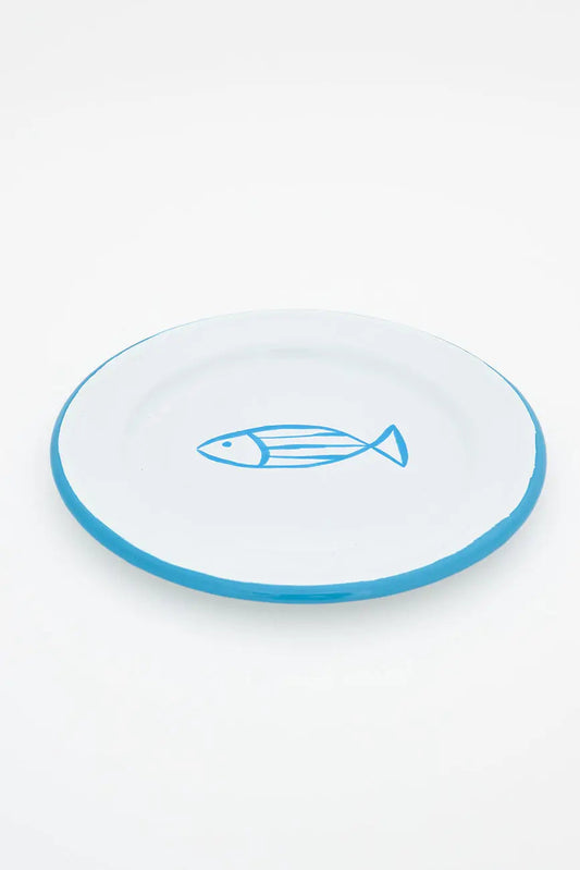 Set of 4 enameled metal plates with fish