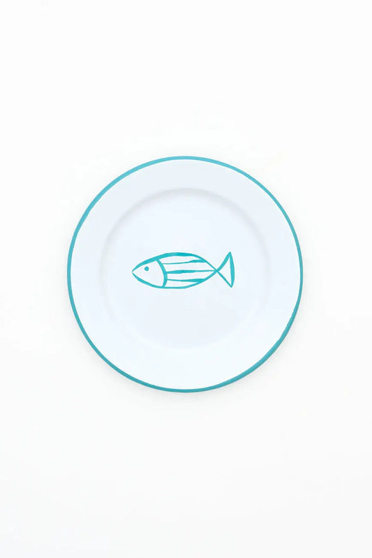 Set of 4 enameled metal plates with fish