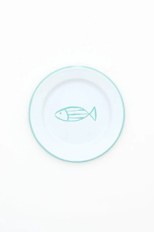 Set of 4 enameled metal plates with fish