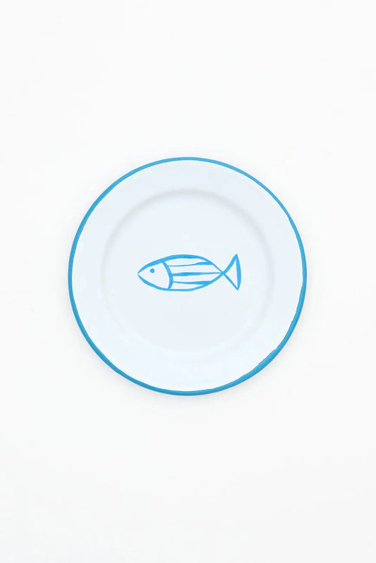 Set of 4 enameled metal plates with fish