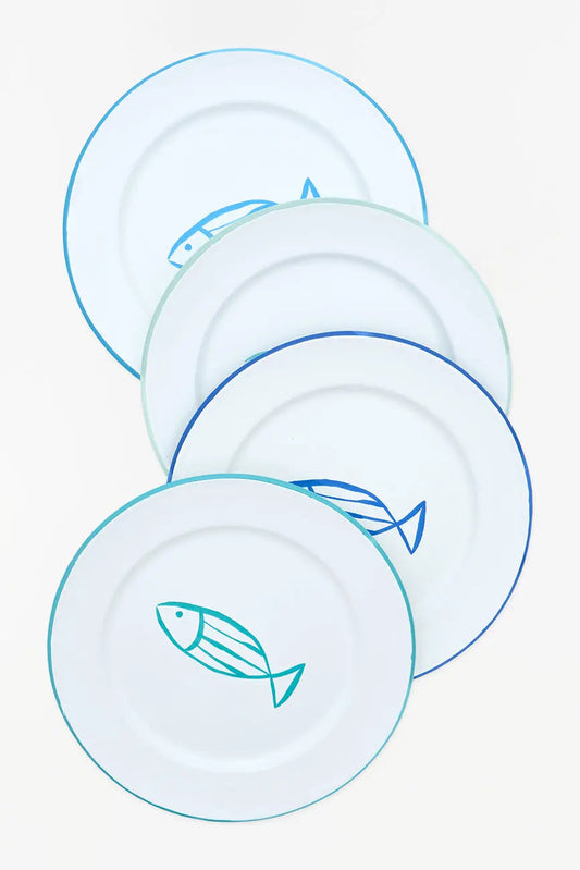 Set of 4 large enameled plates with fish