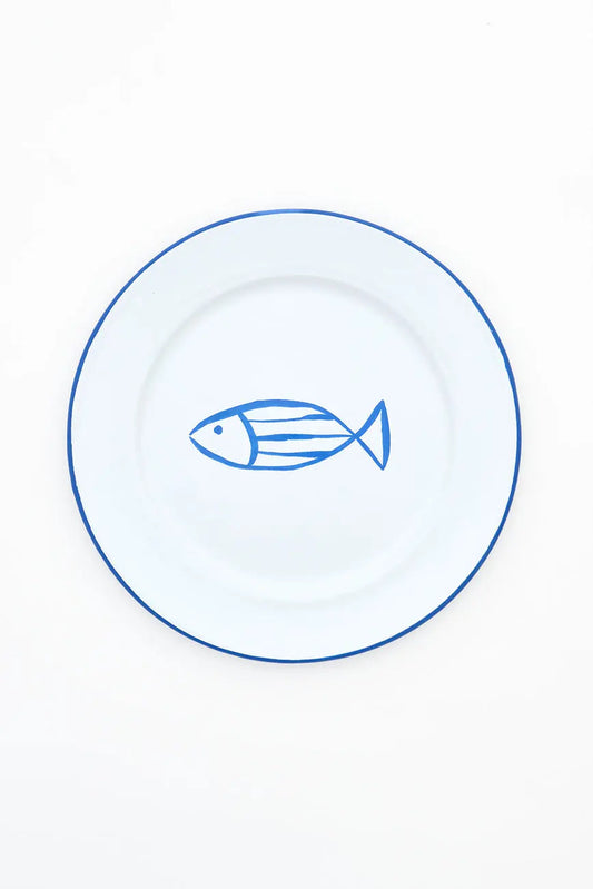 Set of 4 large enameled plates with fish