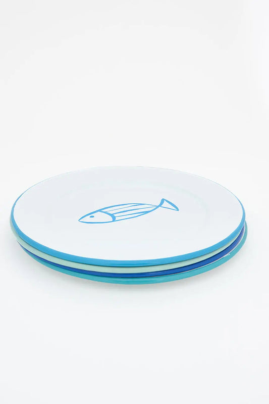 Set of 4 large enameled plates with fish