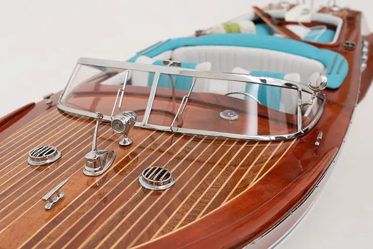 Réplica lancha de madera interior asientos azul pequeña Batela