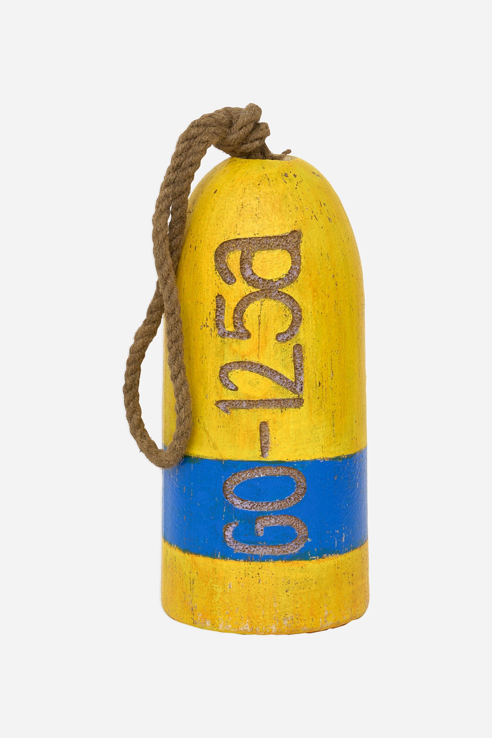 Yellow and blue decorative buoy with rope
