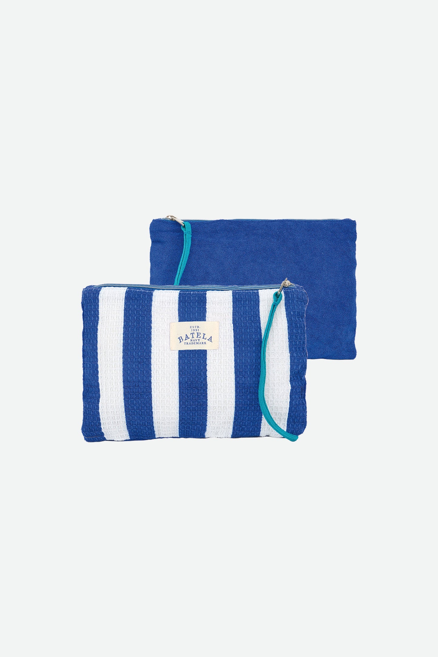White and blue striped cotton toiletry bag
